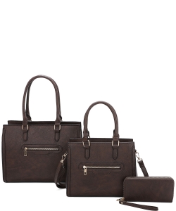 3 In1 Plain Zipper Satchel Bag with Bag and Wallet Set LF-22511 COFFEE